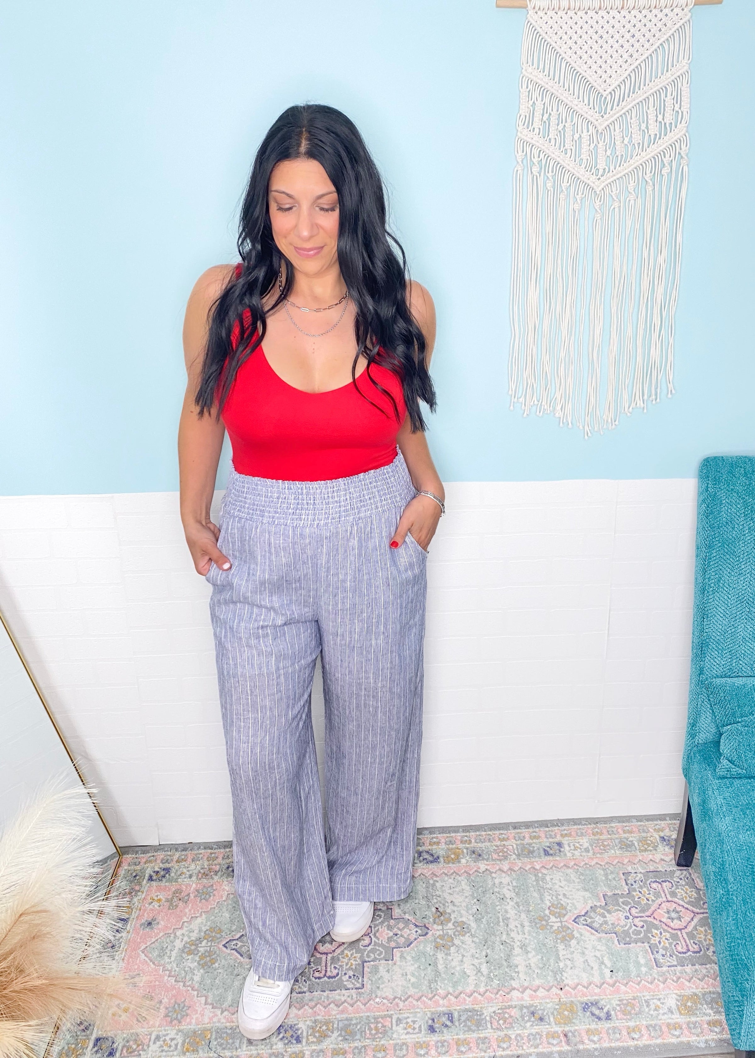 'Freedom' Blue/White Striped Cropped Wide Leg Linen Blend Pants-These blue + white stripe linen blend pants are giving all the coastal vibes! Featuring a wide, cropped leg, lightweight breathable fabric and a comfy smocked waistband.-Cali Moon Boutique, Plainville Connecticut