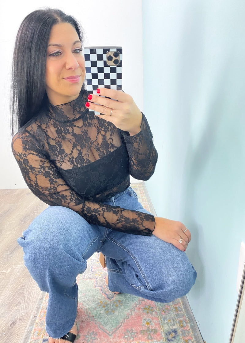 Black Ruffle Trim Sheer Lace Long Sleeve Top
