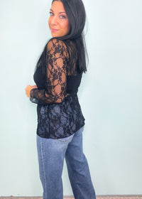 Black Ruffle Trim Sheer Lace Long Sleeve Top