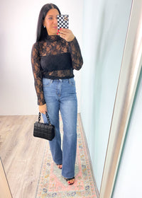 Black Ruffle Trim Sheer Lace Top 