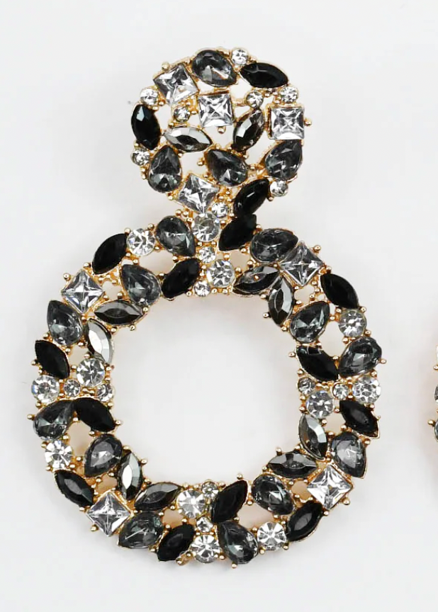 Black + Silver Gemstone Circle Drop Earrings