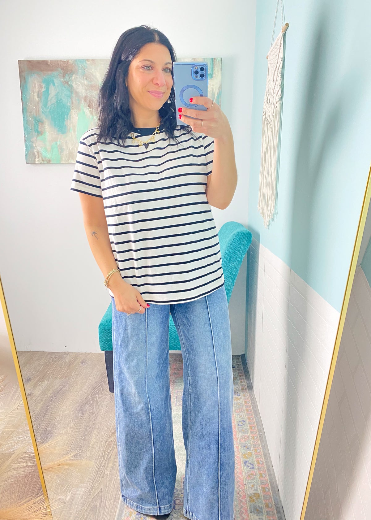 Black and White Striped Crew Neck Tee
