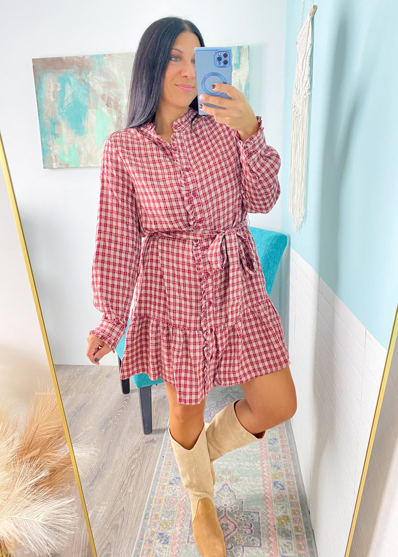 Burgundy Plaid Ruffle Trim Dress