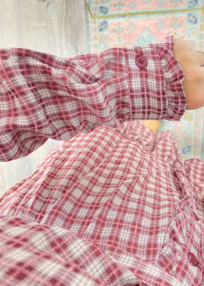 Burgundy Plaid Ruffle Trim Dress