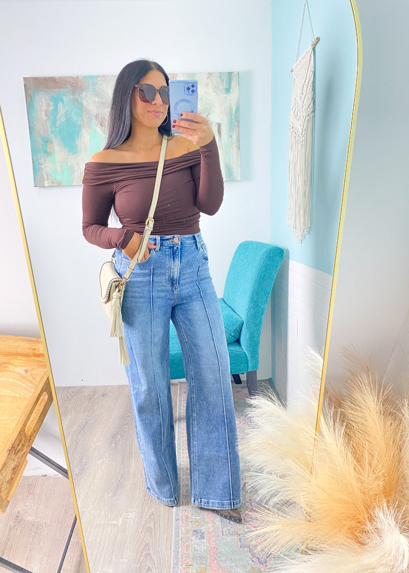 Chocolate Brown Off The Shoulder Knit Bodysuit 