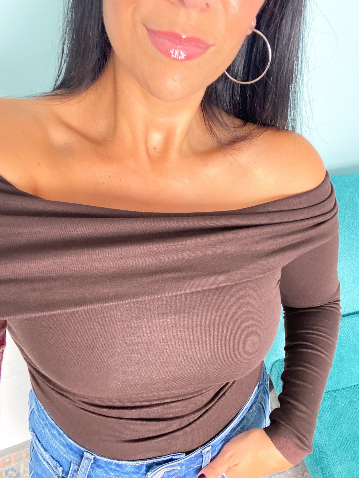 Chocolate Brown Off The Shoulder Knit Bodysuit 