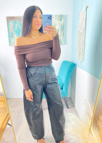 Chocolate Brown Off The Shoulder Knit Bodysuit 