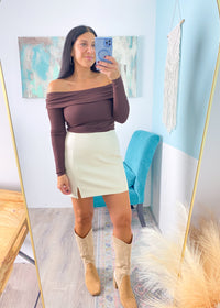 Chocolate Brown Off The Shoulder Knit Bodysuit 