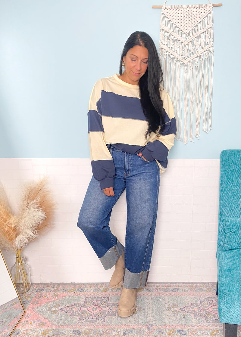 Cream and Navy Stripe knit Top