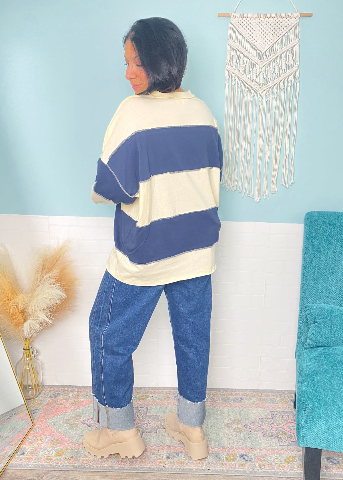 Cream and Navy Stripe knit Top