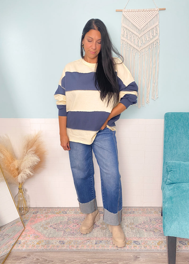 Cream and Navy Stripe knit Top
