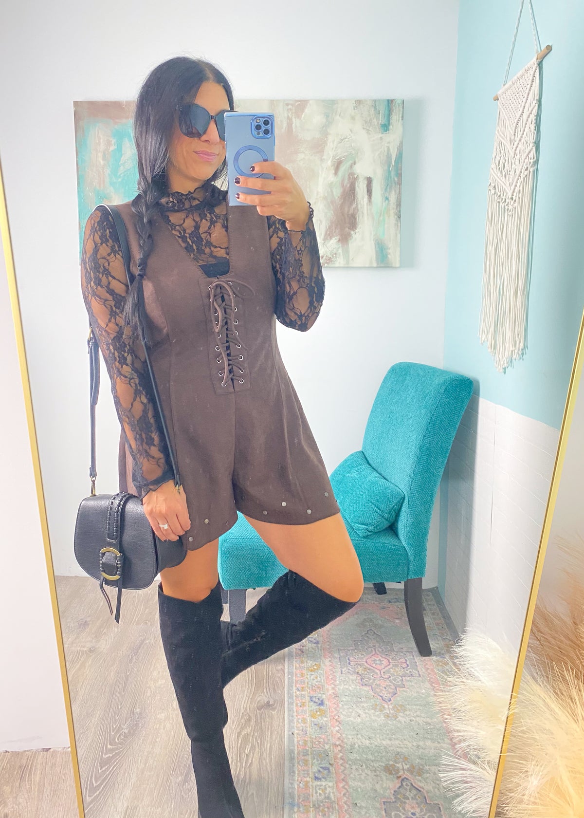 Dark Brown Faux Suede Romper