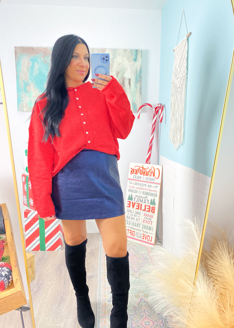 Heather Red Rolled Neck Soft Cardigan