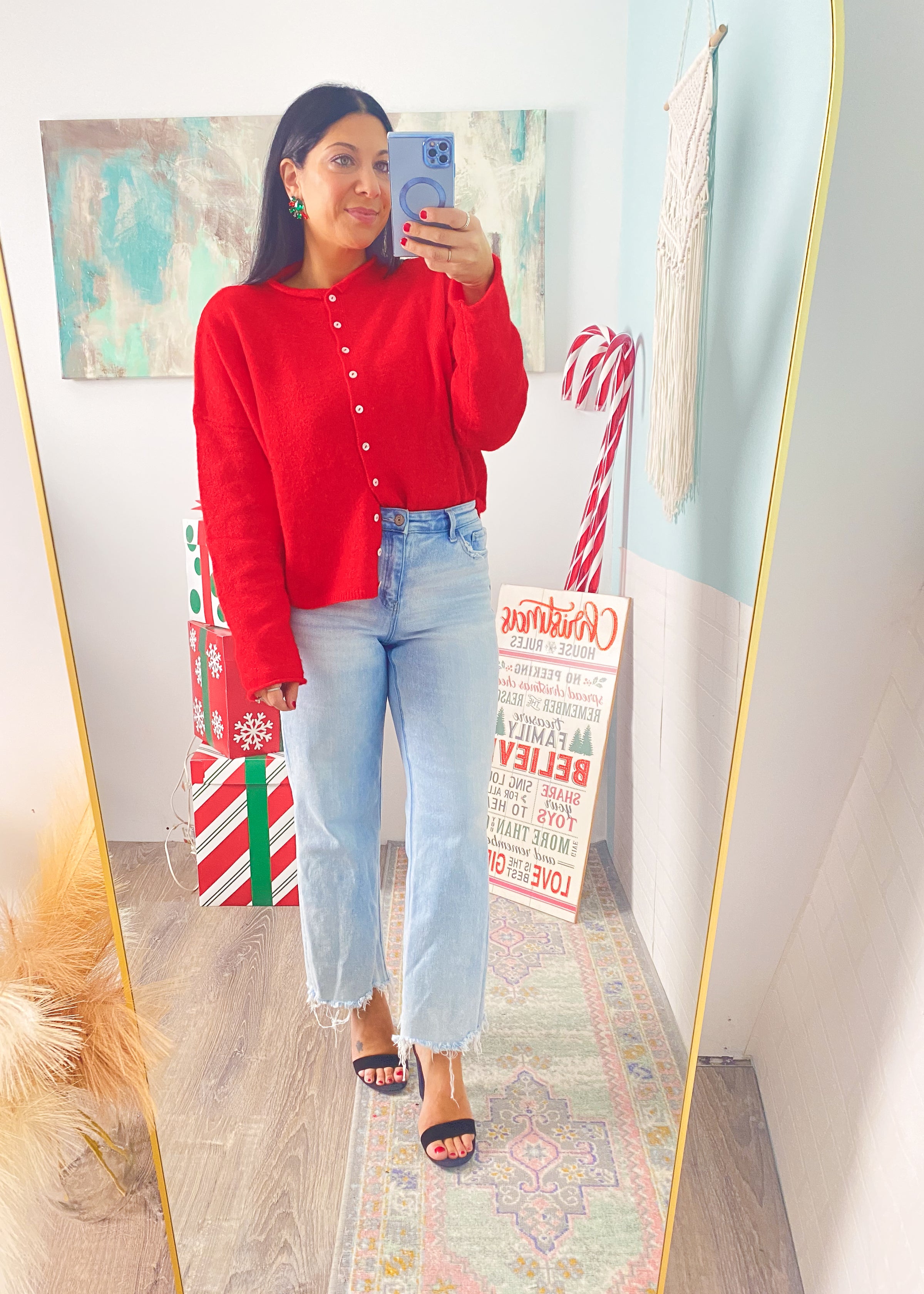 Heather Red Rolled Neck Soft Cardigan