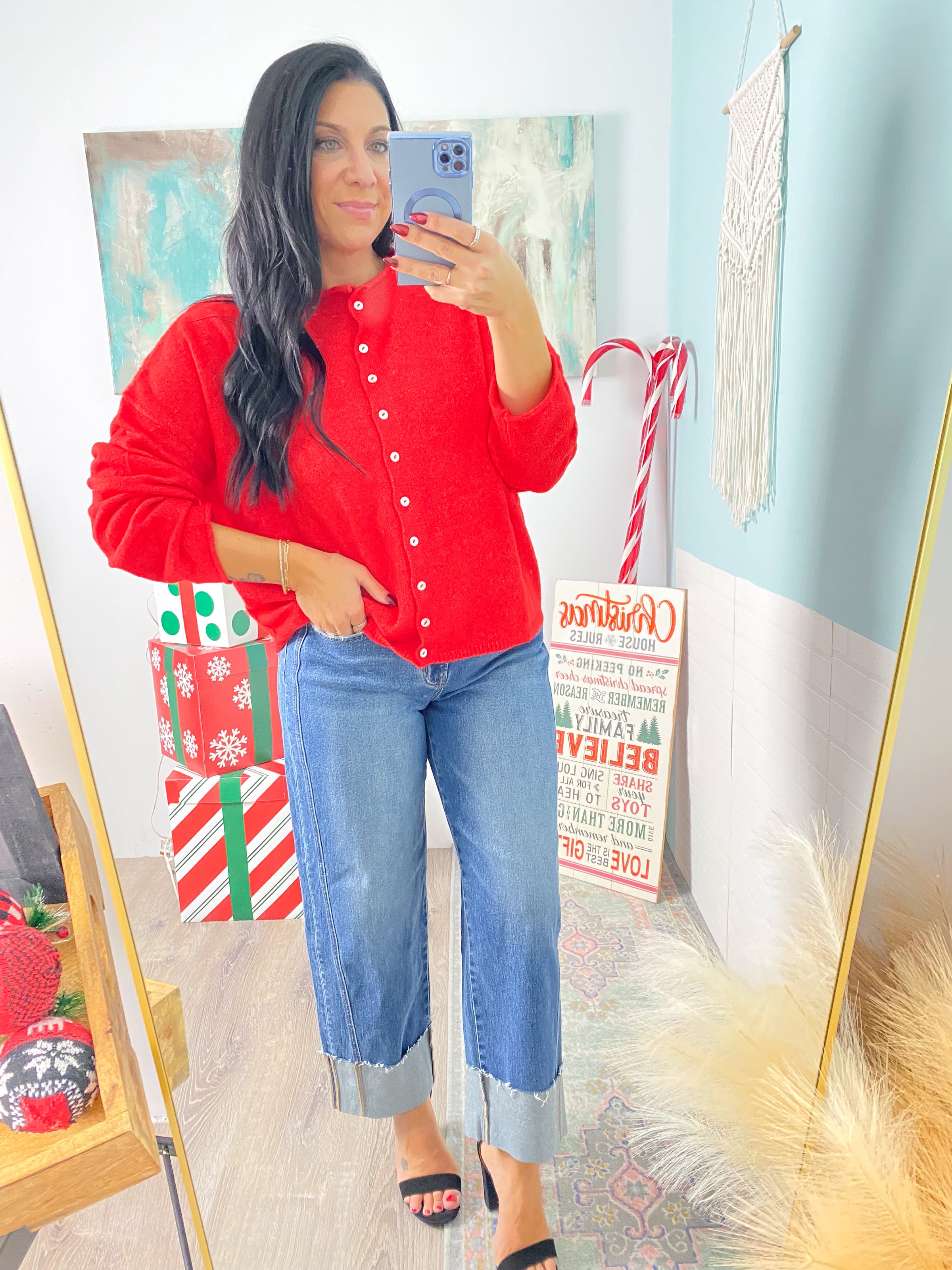 Heather Red Rolled Neck Soft Cardigan