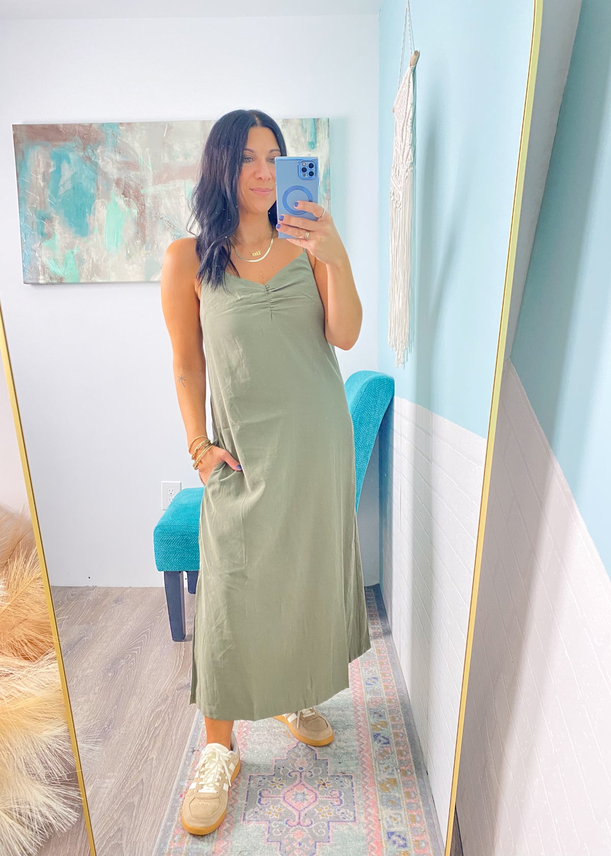 'Gina' Light Olive Ruched Front Midi Dress