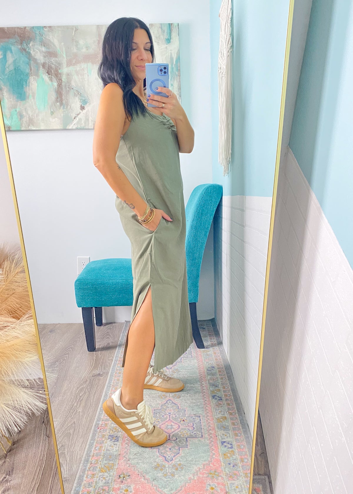 'Gina' Light Olive Ruched Front Midi Dress