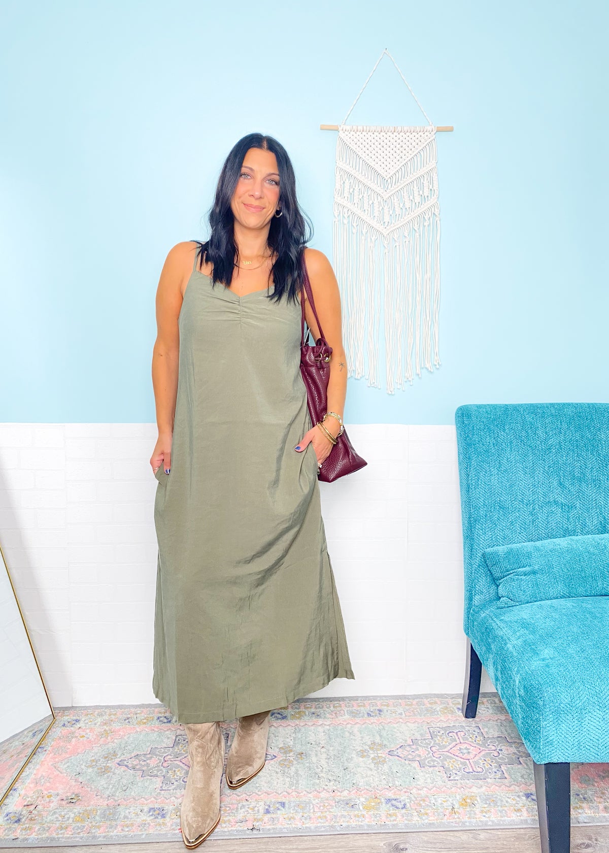 'Gina' Light Olive Ruched Front Midi Dress