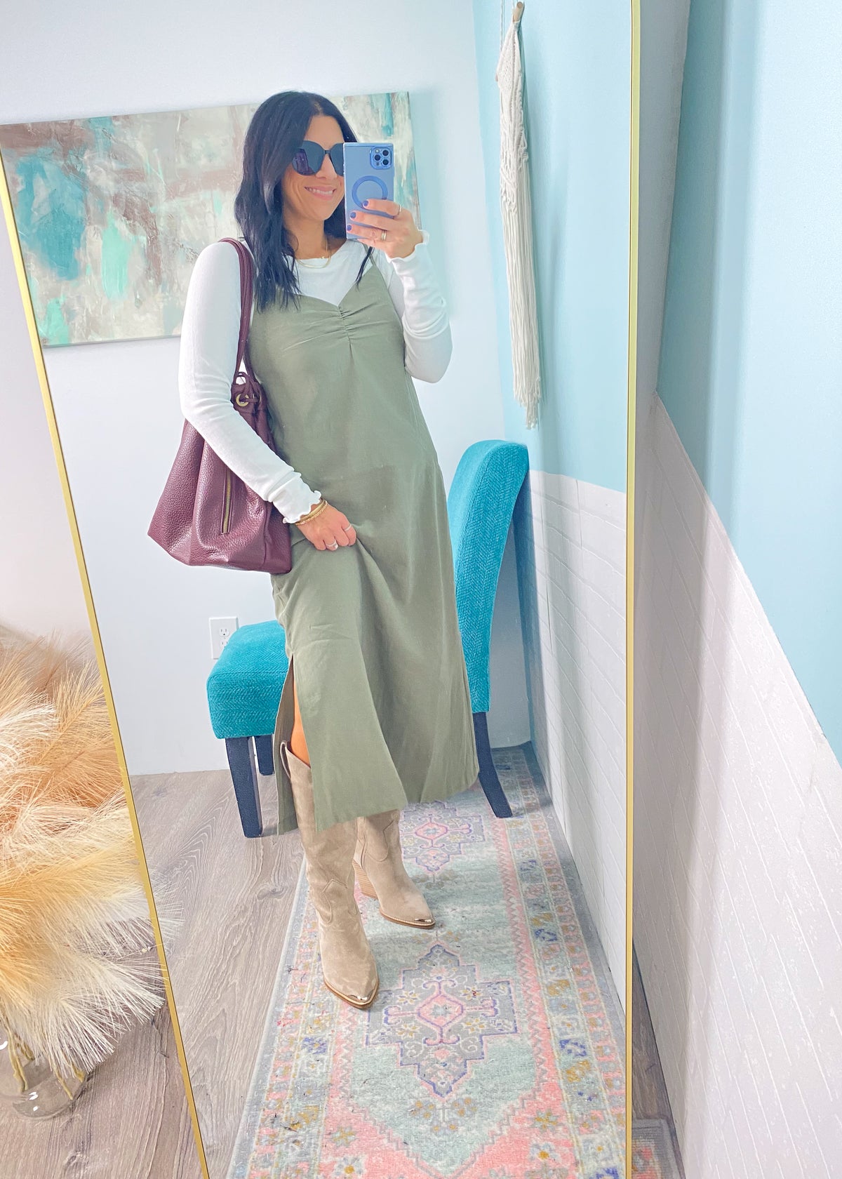 'Gina' Light Olive Ruched Front Midi Dress