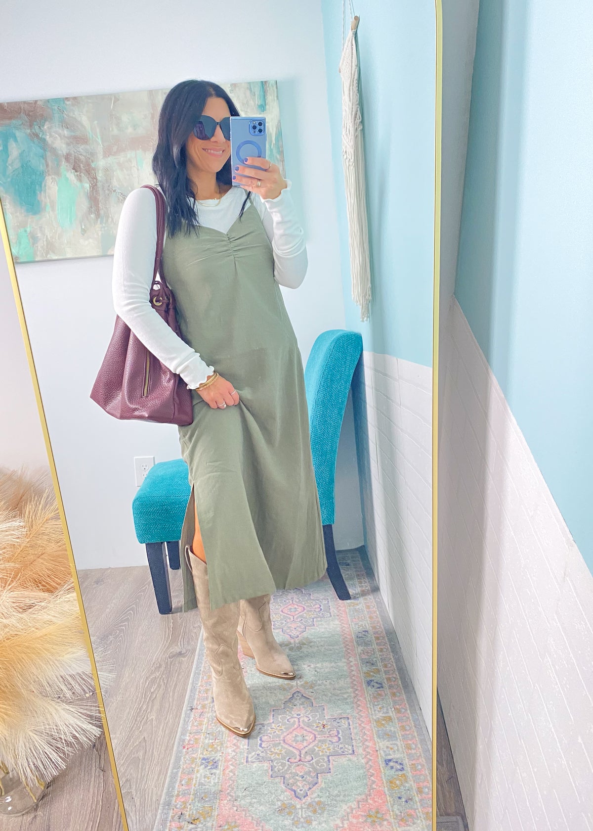 'Gina' Light Olive Ruched Front Midi Dress