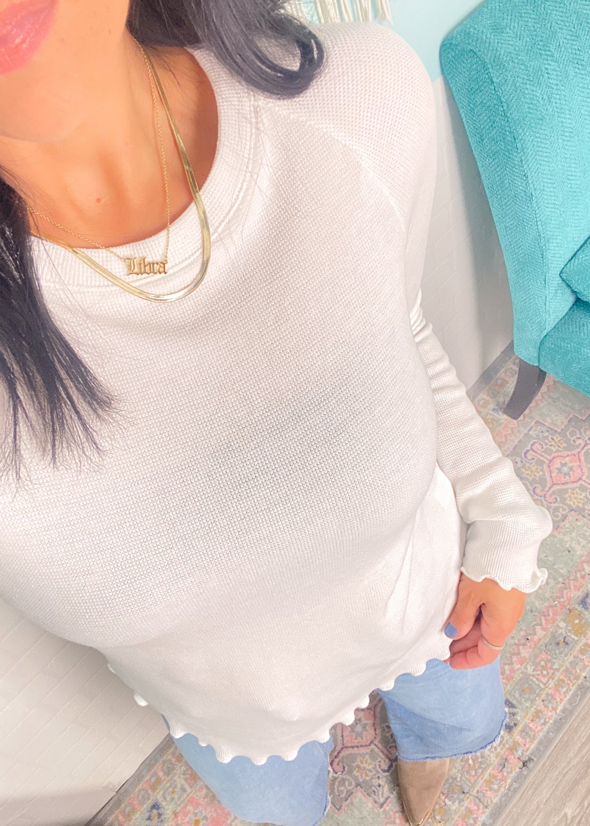'Sunday Morning' Ivory Ruffle Trim Waffle Knit