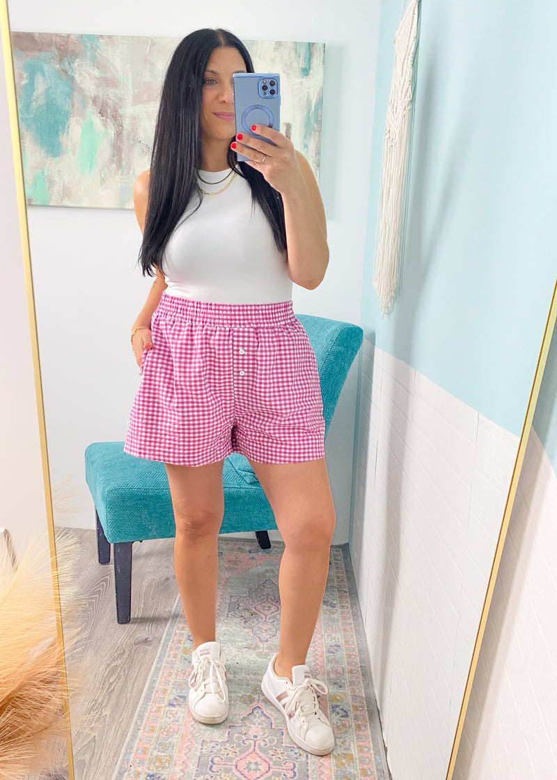 'Walk in the Park' Pink & White Gingham Shorts-Gingham, check. Boxer style shorts, check. Comfortable &amp; cool, check. These Shorts check (literally) off all the boxes making them the perfect Summer shorts to style with oversized graphic tee, tanks, jean jackets + more!-Cali Moon Boutique, Plainville Connecticut