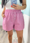 'Walk in the Park' Pink & White Gingham Shorts-Gingham, check. Boxer style shorts, check. Comfortable &amp; cool, check. These Shorts check (literally) off all the boxes making them the perfect Summer shorts to style with oversized graphic tee, tanks, jean jackets + more!-Cali Moon Boutique, Plainville Connecticut