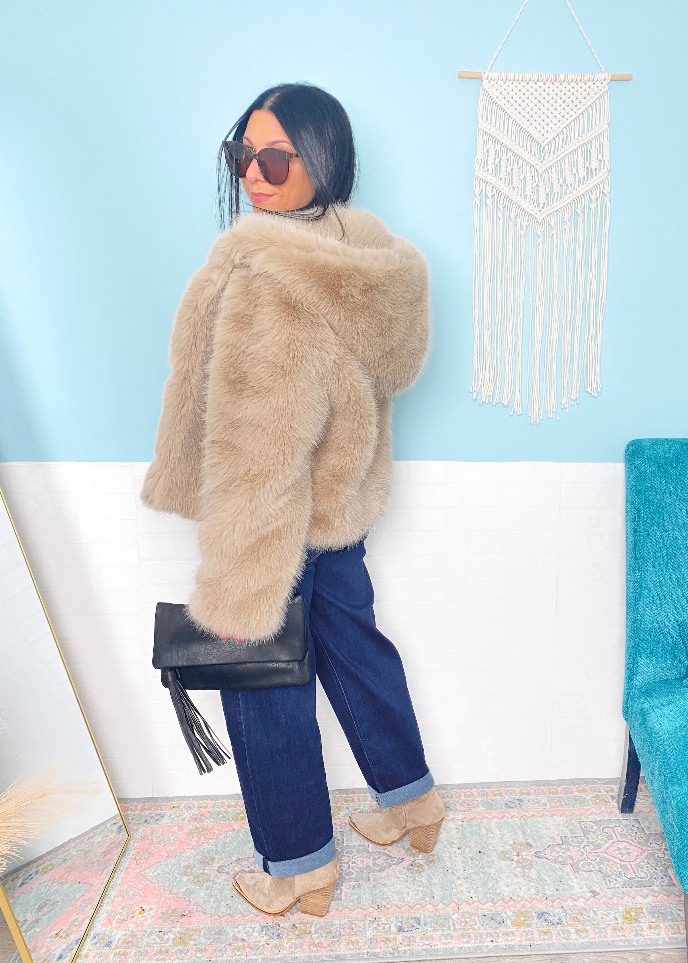 'Downtown Darling' Taupe Hooded Faux Fur Coat