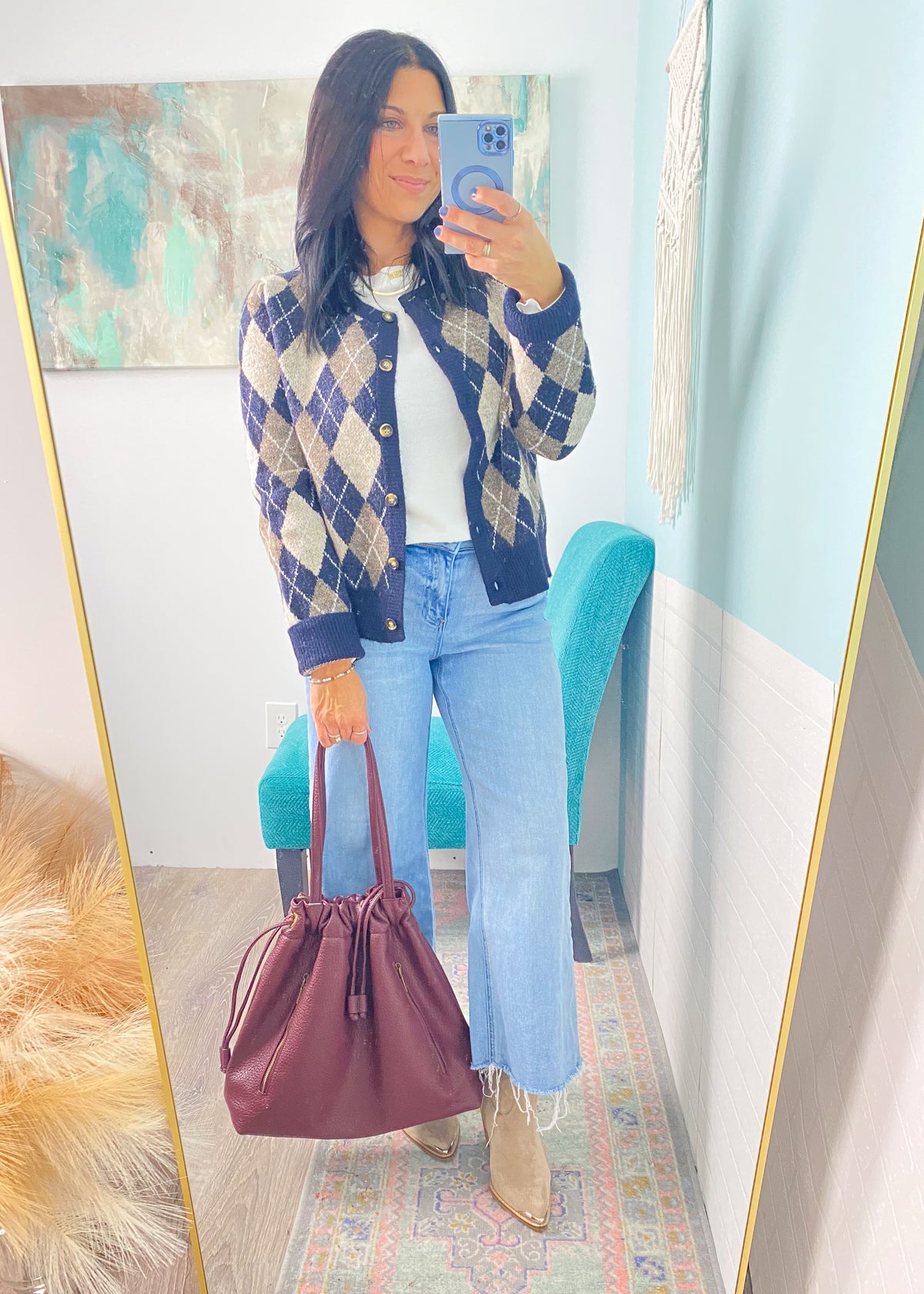 'The Ivy' Navy and Taupe Argyle Sweater Cardigan