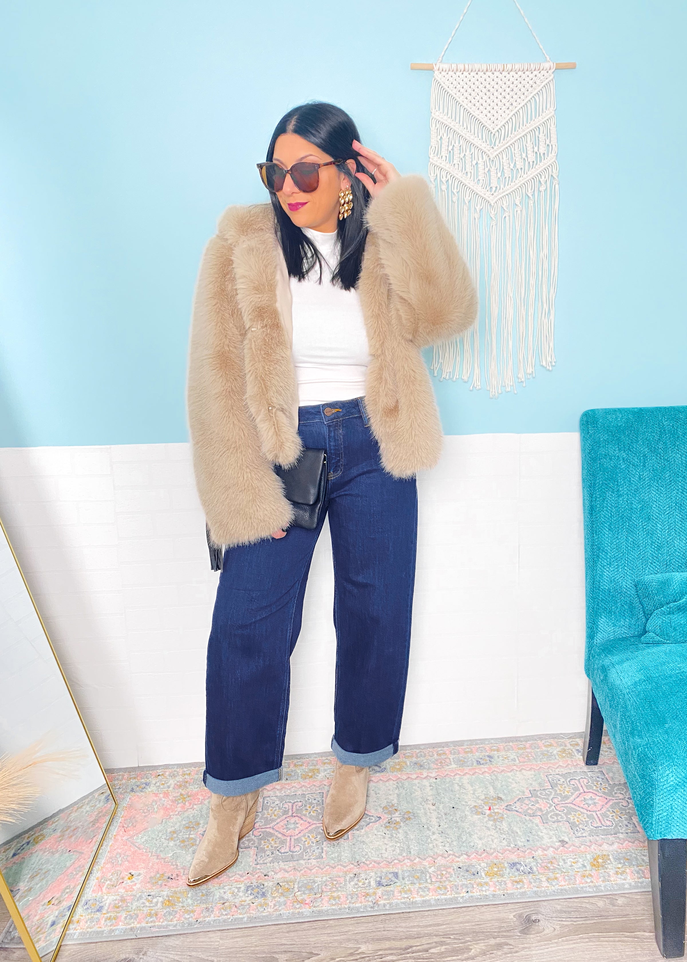 'Downtown Darling' Taupe Hooded Faux Fur Coat