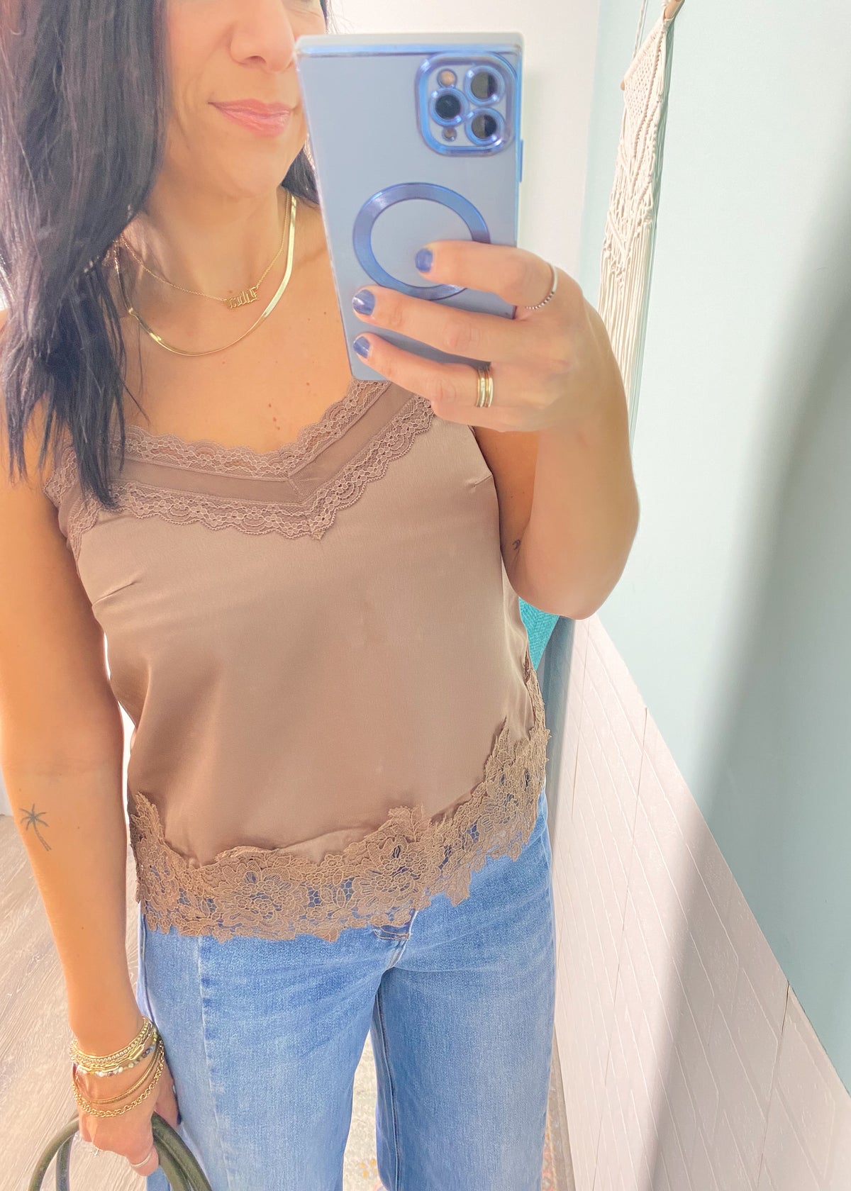 'Spiced Chai' Cocoa Lace Trim Satin Cami
