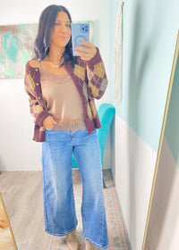 'The Ivy' Burgundy and Taupe Argyle Sweater Cardigan