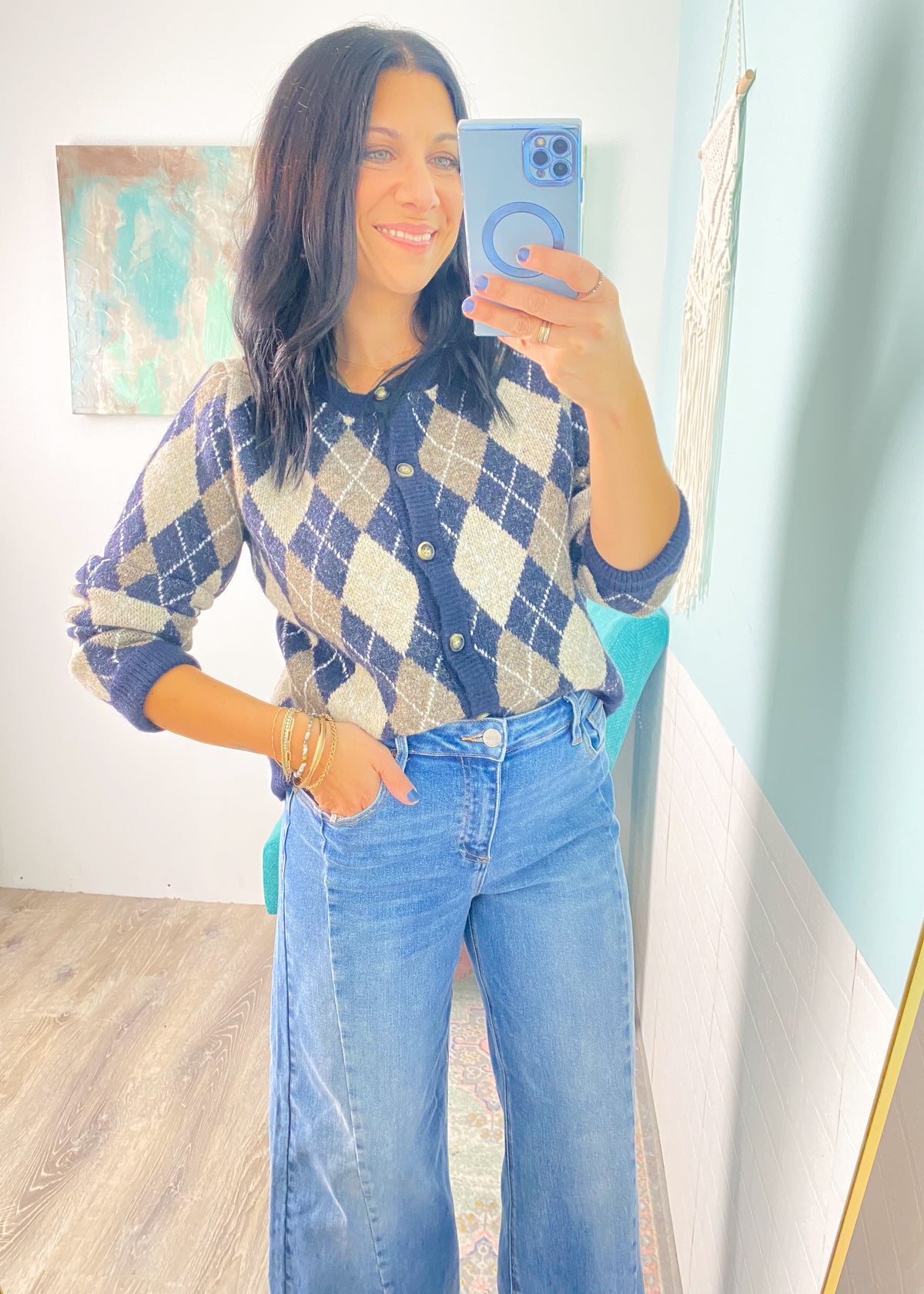 'The Ivy' Navy and Taupe Argyle Sweater Cardigan