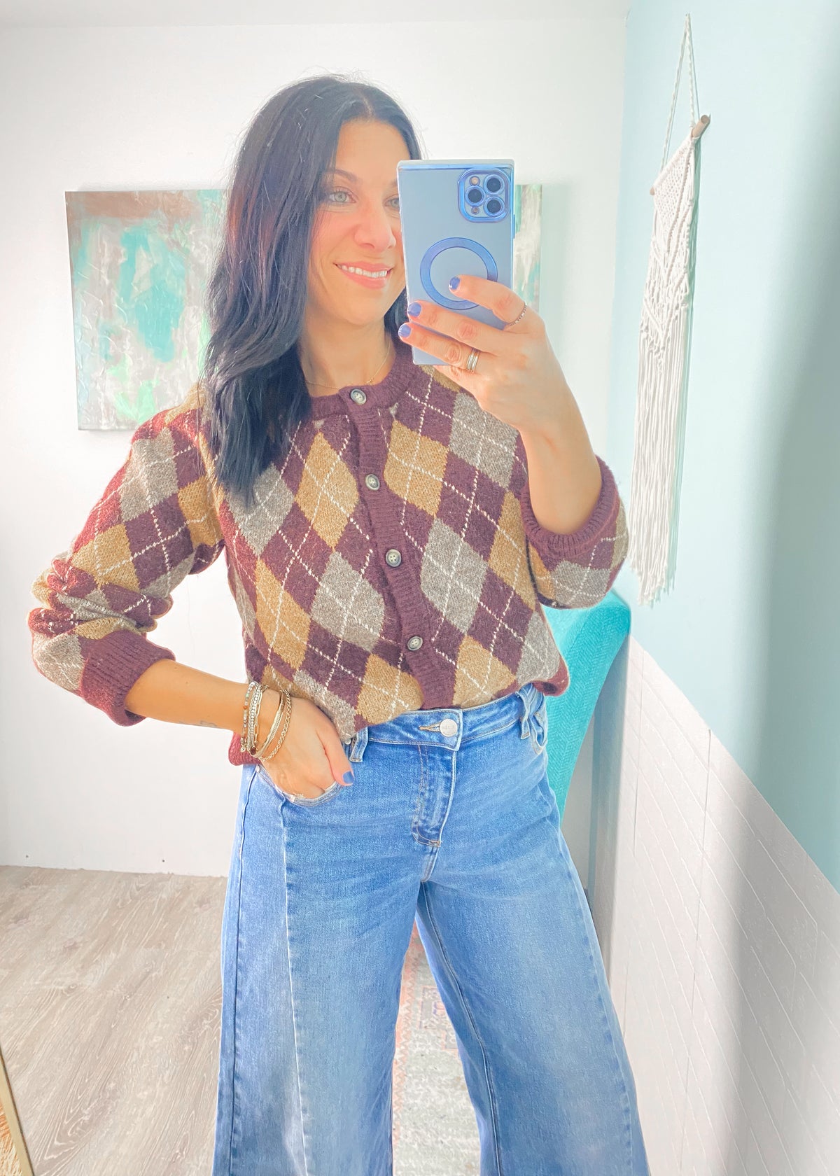 'The Ivy' Burgundy and Taupe Argyle Sweater Cardigan
