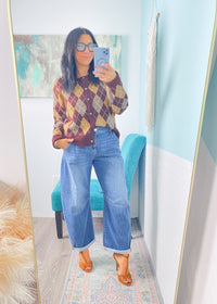 'The Ivy' Burgundy and Taupe Argyle Sweater Cardigan