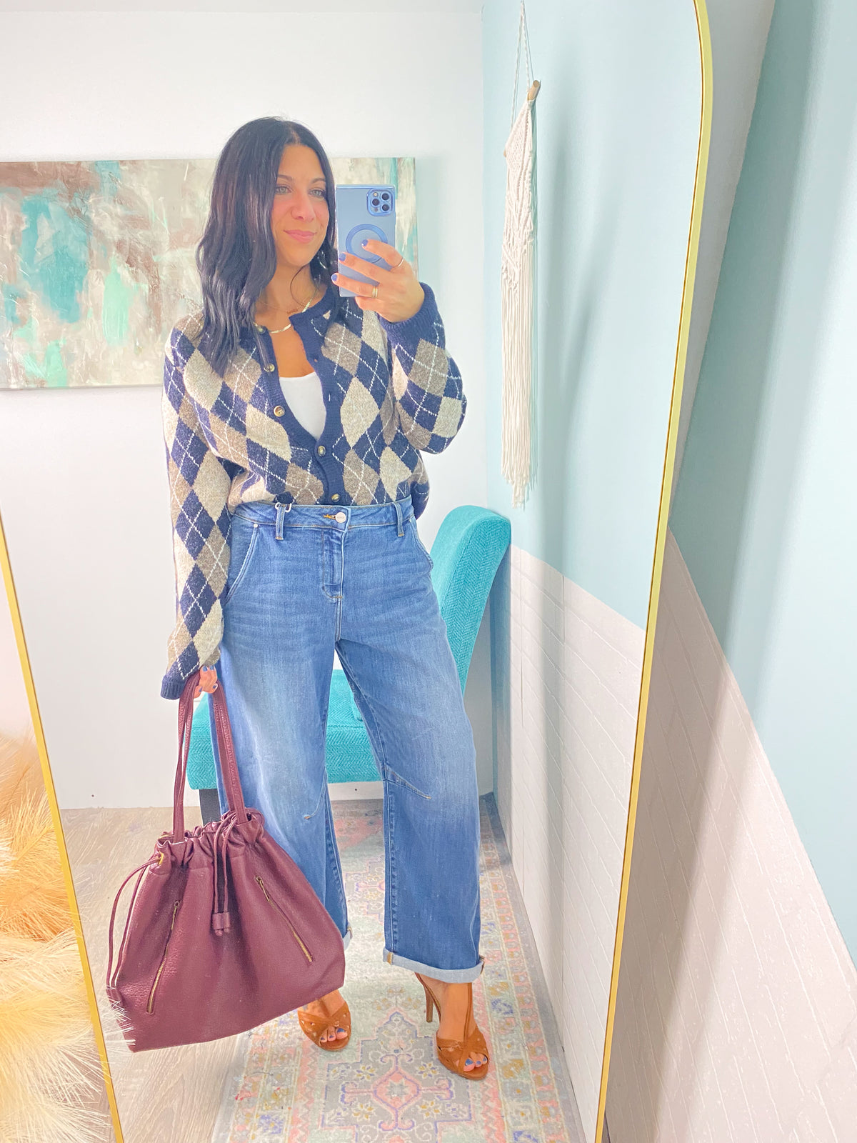 'The Ivy' Navy and Taupe Argyle Sweater Cardigan