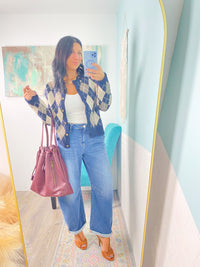 'The Ivy' Navy and Taupe Argyle Sweater Cardigan