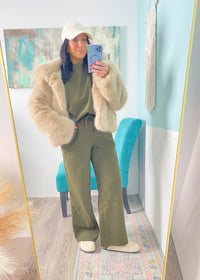 'Downtown Darling' Taupe Hooded Faux Fur Coat