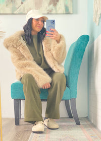 'Downtown Darling' Taupe Hooded Faux Fur Coat