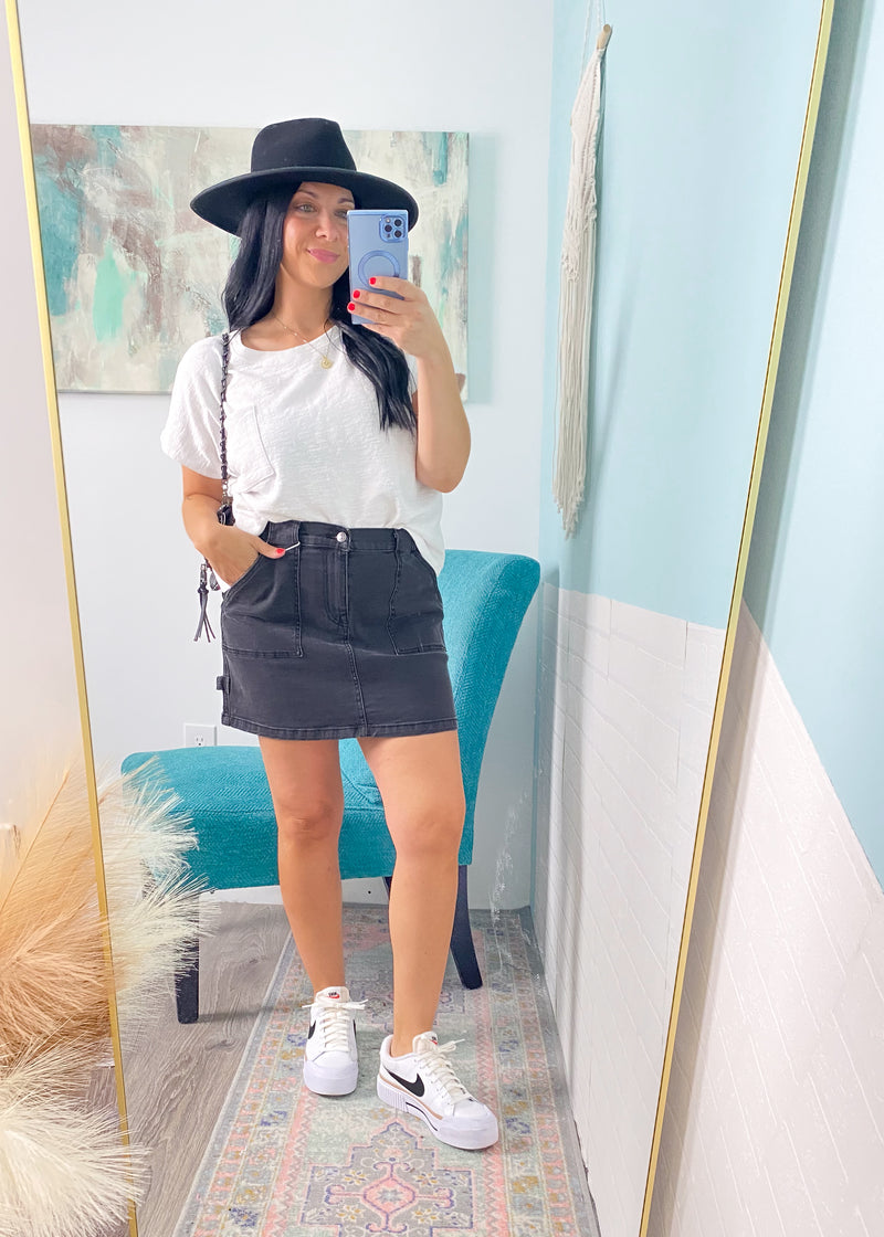 'Catalina' Vintage Washed Black Cargo Stretch Jean Skirt-A best seller now available in classic black! This skirt has SO much stretch! Pair with your fav tees and tanks in the Summer, add a lightweight long sleeve or oversized sweater as the weather cools then add a pair of tights in the Fall/winter! The cargo detail is our fav!-Cali Moon Boutique, Plainville Connecticut