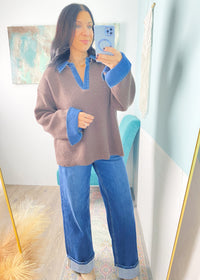 'Twice as Nice' Dark Brown Sweater with Denim Trims