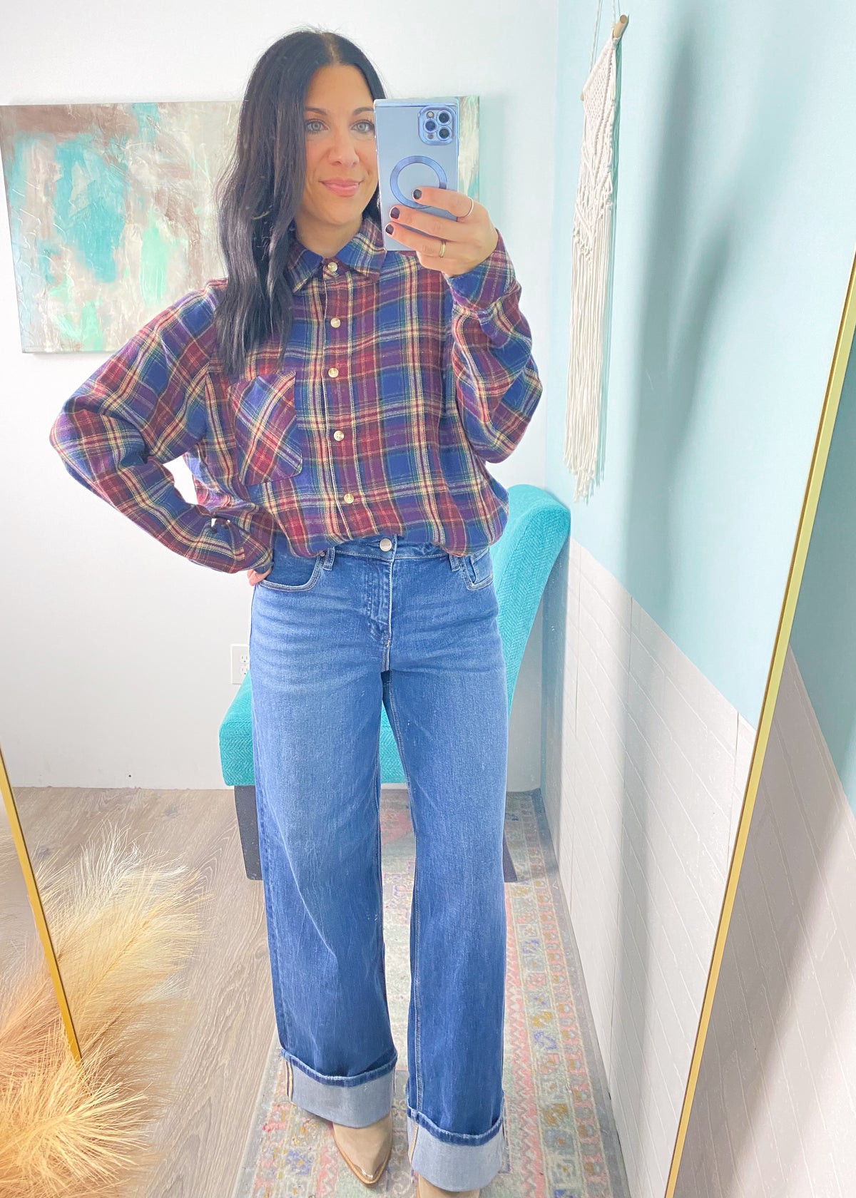 'Plaid to Meet You' Navy + Burgundy Plaid Oversized Shirt