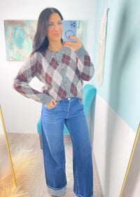 'The Ivy' Gray and Burgundy Argyle Sweater Cardigan