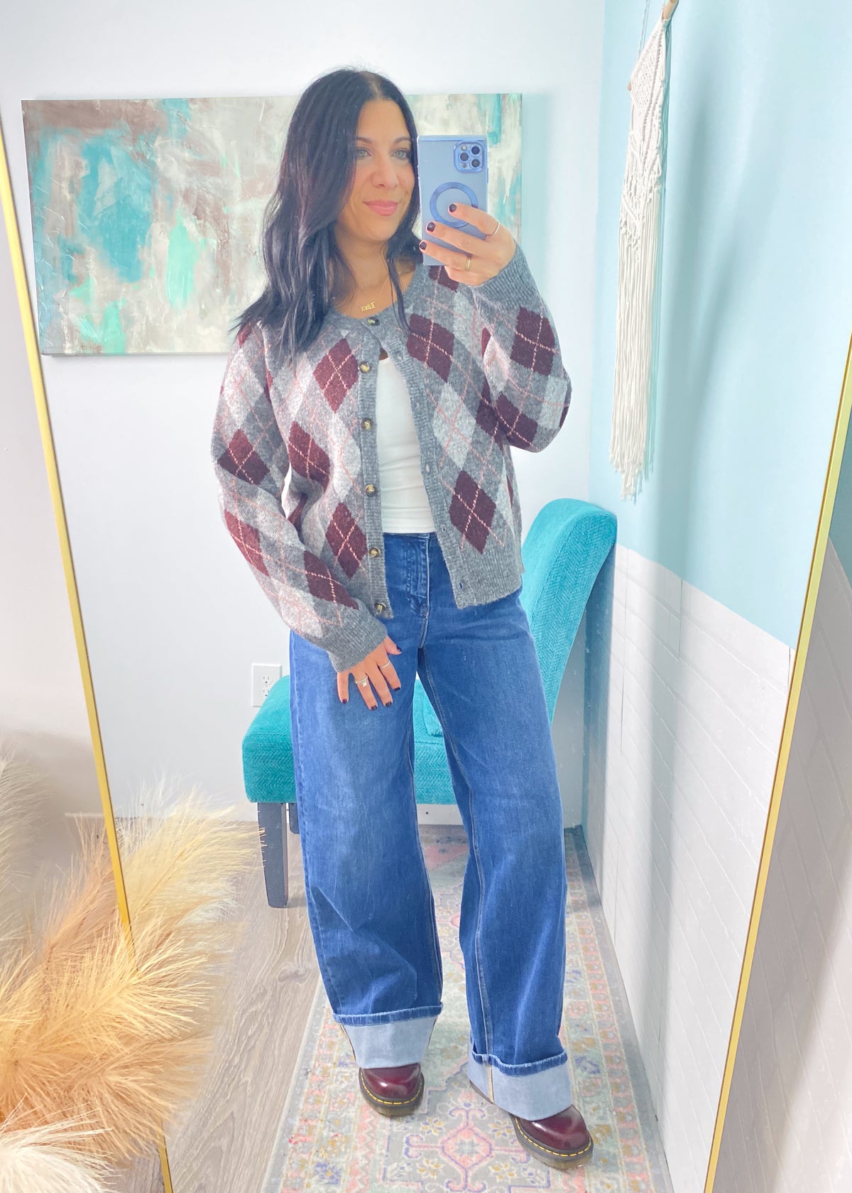 'The Ivy' Gray and Burgundy Argyle Sweater Cardigan