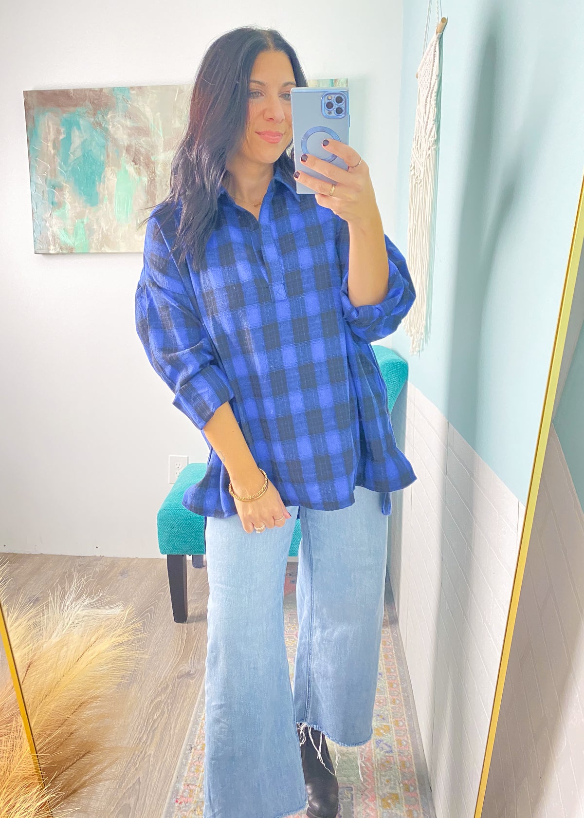 'Got the Blues' Cobalt + Black Oversized Plaid Shirt