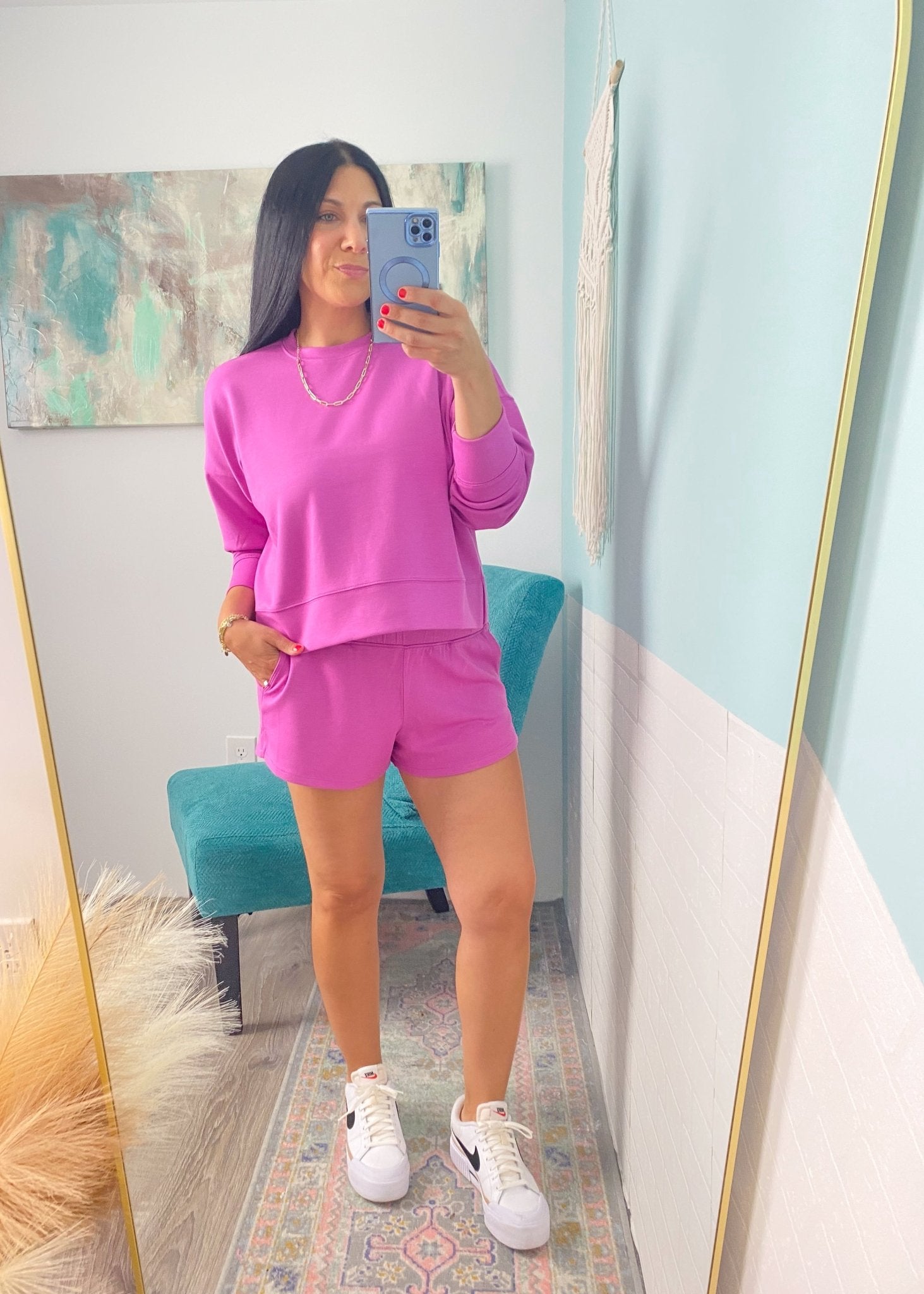 'Sylvie' Bright Mauve Ultra Soft Scuba Shorts-These short, shorts are made of scuba fabric that is silky soft to the touch with tons of stretch. Pair with your favorite oversized tee/sweatshirt and perfect for beach/chill days.-Cali Moon Boutique, Plainville Connecticut