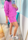 'Sylvie' Bright Mauve Ultra Soft Scuba Shorts-These short, shorts are made of scuba fabric that is silky soft to the touch with tons of stretch. Pair with your favorite oversized tee/sweatshirt and perfect for beach/chill days.-Cali Moon Boutique, Plainville Connecticut