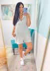 'Athleisure Princess' Heather Gray French Terry Hooded Romper-The most perfect althleisure romper has arrived in front of you! Made of soft, casual + comfortable french terry fabric featuring a relaxed fit and a hoodie for extra cuteness. Try to not wear this daily, we dare you!-Cali Moon Boutique, Plainville Connecticut