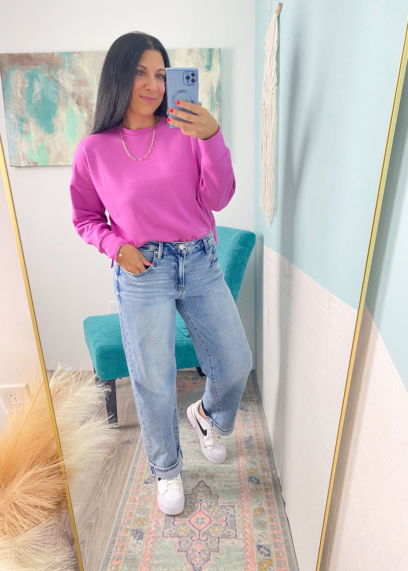 'Sylvie' Bright Mauve Ultra Soft Scuba Cropped Sweatshirt-This scuba fabric is silky soft to the touch and can be worn during multiple seasons. An everyday throw-on and go sweatshirt in a pop color that never fails you!-Cali Moon Boutique, Plainville Connecticut