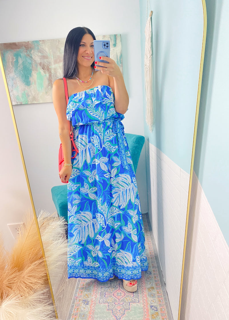 'Bali Breeze' Blue & Turquoise Tropical Print Maxi Dress-A gorgeous tropical print maxi dress in stunning blue/turq/white colors! This dress is perfect for beach weddings, semi casual events or just an everyday elevated look!-Cali Moon Boutique, Plainville Connecticut